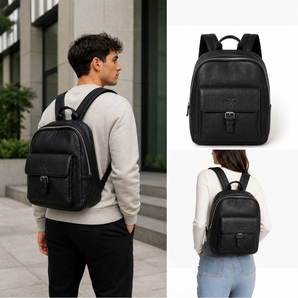Calvin Klein Leather Backpack Black Pebbled CK Logo Flap Buckle K30513 NWT